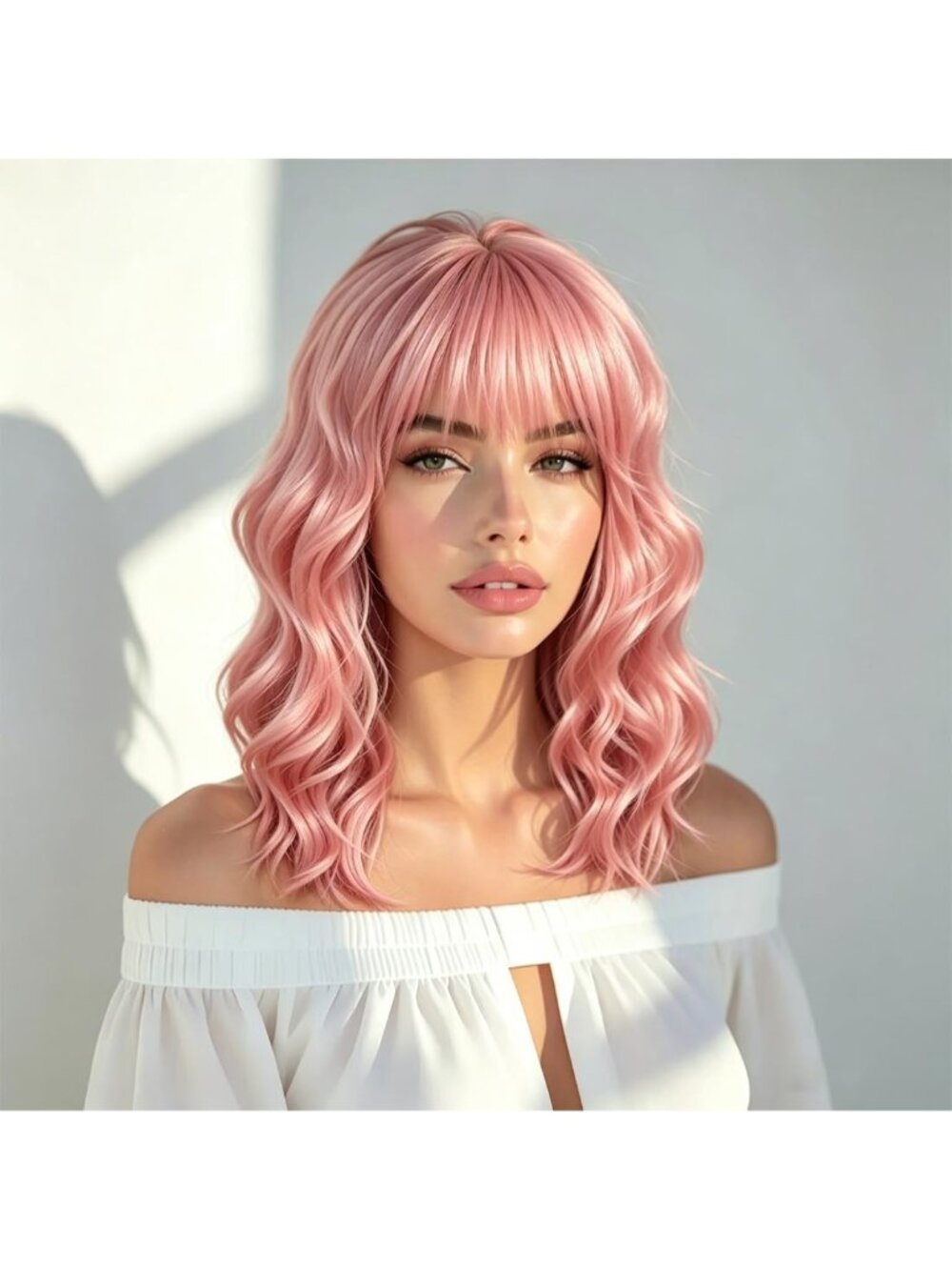 Women's Pink N1 Bob with Bangs Wavy Adult Synthetic Shoulder Length Wig